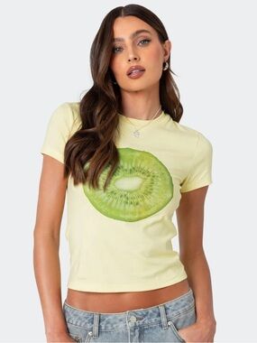 Edikted Yellow Tee with Green Kiwi Graphic